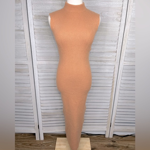 Arch4 Dresses & Skirts - ARCH4 LONDON Celia Ribbed Cashmere Sleeveless Midi Dress Bodycon Coral Gold-S
